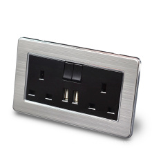 Hot sale UK 13A 146mm Stainless steel Panel Wall socket with 2 three-hole socket and 2 USB ports charge socket wall outlets